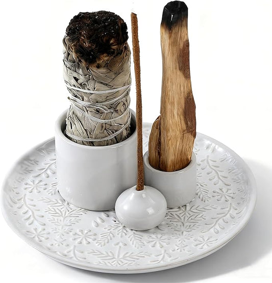 5 in 1 Incense Holder Burner, 5.9" Ceramic Holder for Burning Palo Santo Sage Candle and Incense Sticks Cones, Ash Catcher Tray for Meditation Room Home Décor (White)