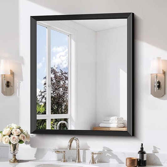 Black Bathroom Mirror 30 x 36 Inch Rectangle Wave Beveled Frame for Wall Bathroom Vanity Mirror for Over Sink, Tempered Glass,for Entryway Hangs, Bathroom Living Room Horizontal or Vertical