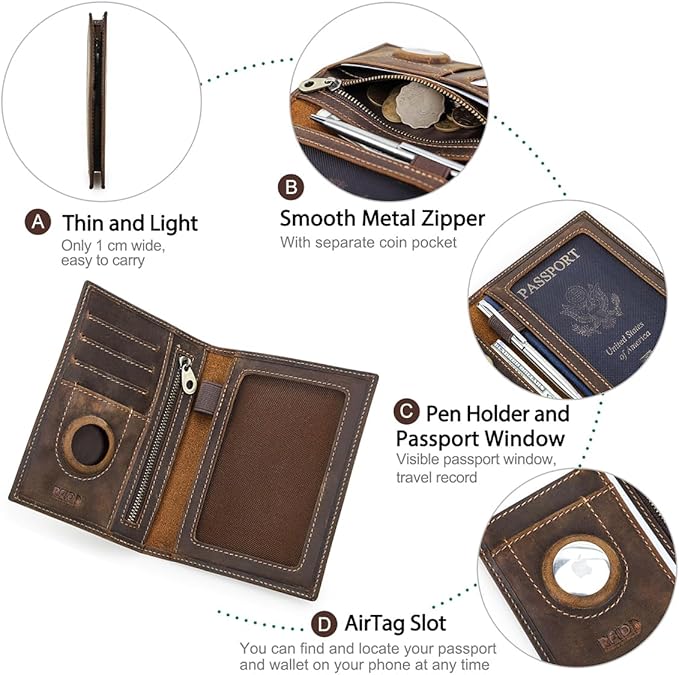 CONTACTS Full Grain Leather Airtag Passport Holder RFID Blocking Travel Passport Wallet Slim Passport Cover Case with 4 Card Slots, Coin Pocket with Badge
