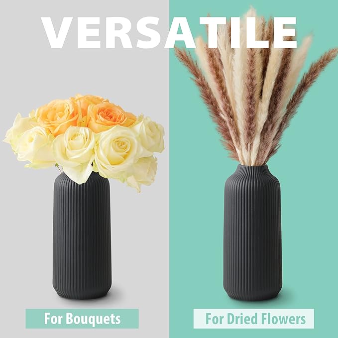 Ceramic Vase in Nordic Style, Decovase Large for Pampas Grass as Boho Deco, Vase Black Matt 8 inch for Flowers, Scandinavian Design Home Decoration for Fresh Flowers, Dried Flowers (Size M)