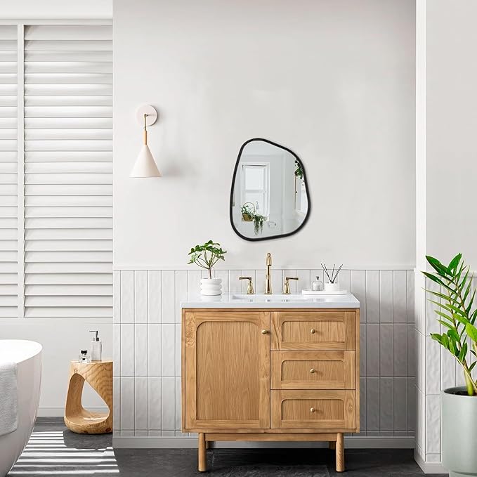 Irregular Bathroom Mirror Modern Oval Wall Mirror Asymmetrical Wooden Framed Wall Mirror Unique Shape Wall Mounted Vanity Artistic Mirror Decor for Living Room Bedroom Entryway Small 16"x12"