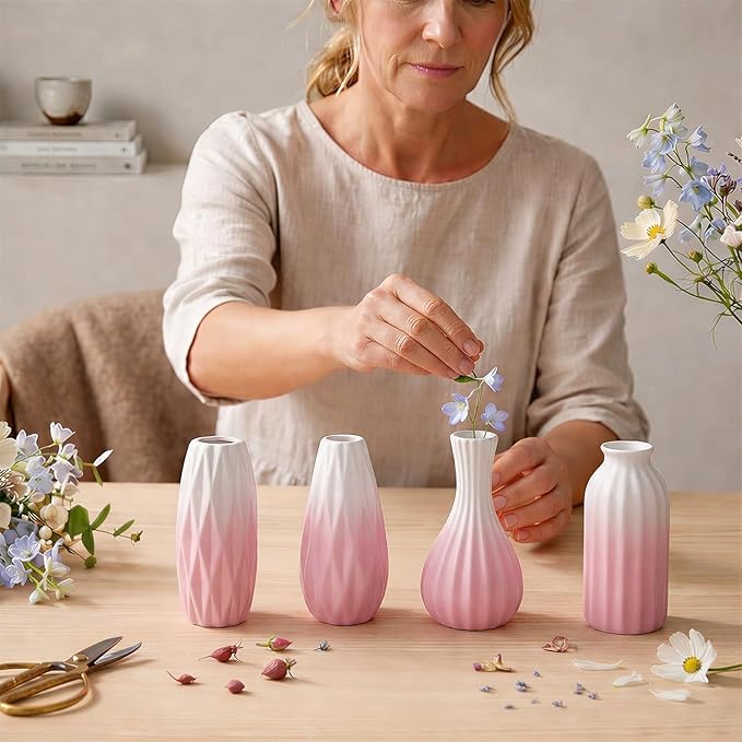 BEAHOT Ceramic Bud Vases Set of 12 – Gradient Pink and White Small Vases for Centerpieces – Elegant Mini White Bud Jars for Weddings, Home Decor, and Table Display – Perfect for Flowers and Gifts