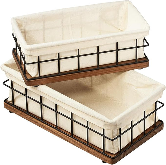 BAOBAB WORKSHOP Wooden Bathroom Basket Organizer & Storage, Toilet Paper Basket for Back of Toilet Tank Topper Tray, Paper Holder Basket for Bathroom Decor Box with Liners, Solid Wood & Wire, Set of 2