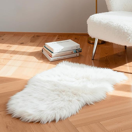 Faux Fur Rug Sheepskin Shag Fluffy Fuzzy White 2x3 ft Small Rugs for Bedroom Bedside Bed Floor Living Room Plush High-Density Cushion Carpet Super Sofa Cover