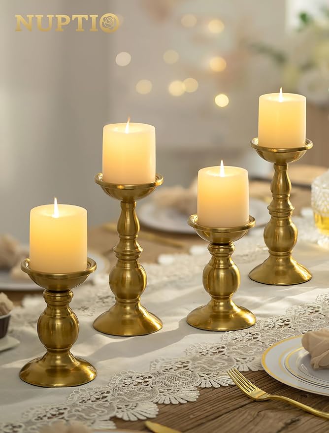 NUPTIO Gold Candle Holder for Table: Brass Pillar Candle Stand Decorative for Fireplace Decor - Metal Vintage Candleholder for Christmas New Year Party Centerpiece(2 x S)