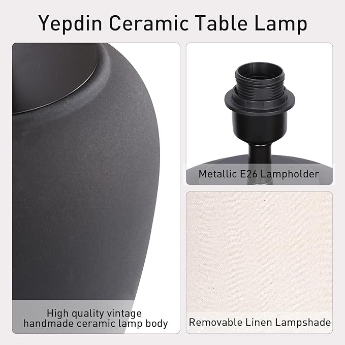 Ceramic Pot Table Lamp 18.5 inch Circular Frosted Nightstand Lamp, Tapered Fabric Shade Bedside, Ceramic Decorative for Living Room Bedroom House Office Entryway, TL1