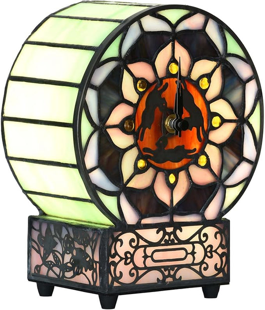 Bieye L12017 Tiffany Style Stained Glass Desk Clock Table Lamp with Lotus Flower Design (Three Hares)