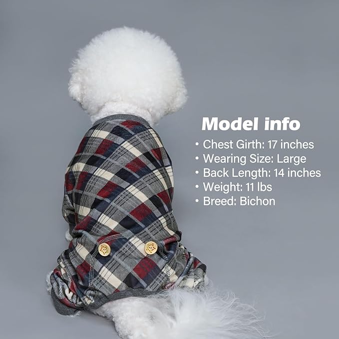 KYEESE Dog Pajamas Soft Doggie Jammies Comfy Coat Stretchy Onesie Pet Clothes Plaid Dog Pajamas for Small Dogs Boy Girl Velvet Pjs, Grey, Large