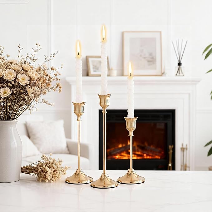 Taper Candle Holders, Tall Vintage Metal Candlestick Holders, 12 PCS Brass Gold Candle Sticks Holders for Home Decor Table Centerpiece Wedding Housewarming Festival, Rose Gold, 4 Sets (12 pcs)