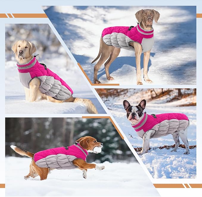 OUOBOB Winter Dog Coat,Large Dog Jacket,Waterproof Pet Jacket with Back Zipper,Pet Coat with Harness Built in,Warm Dogs Coat with Fleece Lined,Snow Jacket Clothes French Bulldog Shiba Inu,Rose Red,L