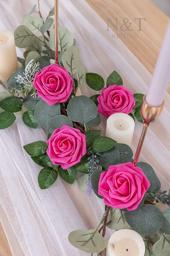 N&T NIETING Artificial Flowers, Foam Roses Perfect for Valentine's Day DIY Wedding Bridal Bouquets Centerpieces Bridal Shower Party Home Flower Arrangement Decor 25Pcs, Hot Pink