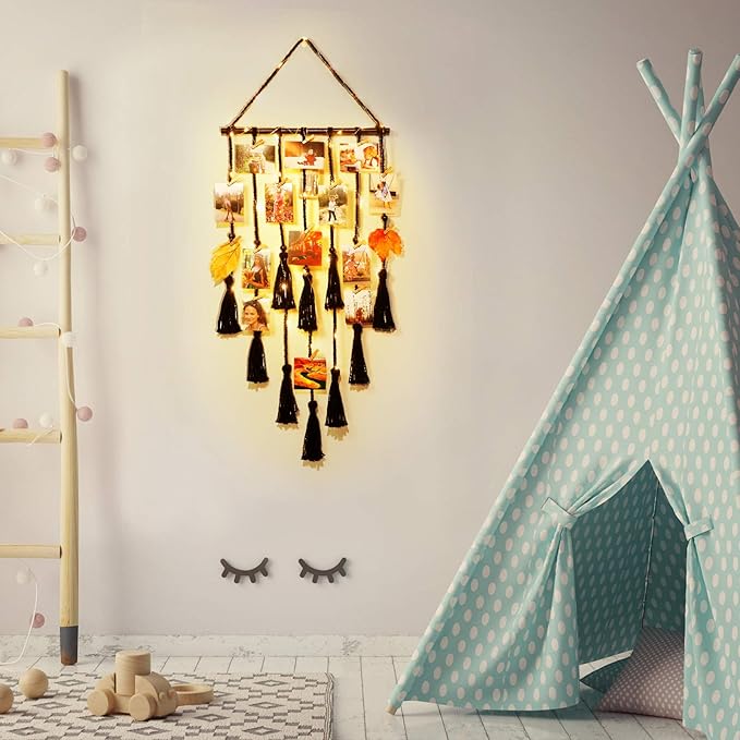 Homecor Hanging Photo Display Wall Decor, Black Macrame Hanging Boho Room Decor, Picture Frame Collage with Remote Light 30 Clips, Bedroom Apartment Home Decor, Christmas Mom Grandma Teen Girl Gifts