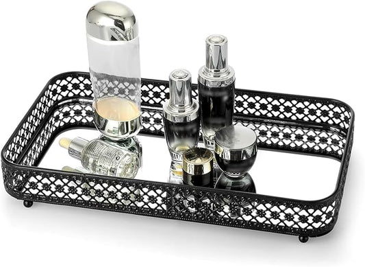 ELLDOO Black Perfume & Makeup Vanity Tray - Hollow-Carved Jewelry Storage, Glass & Metal Trinket Organizer for Dresser & Bathroom Countertop, Large Size