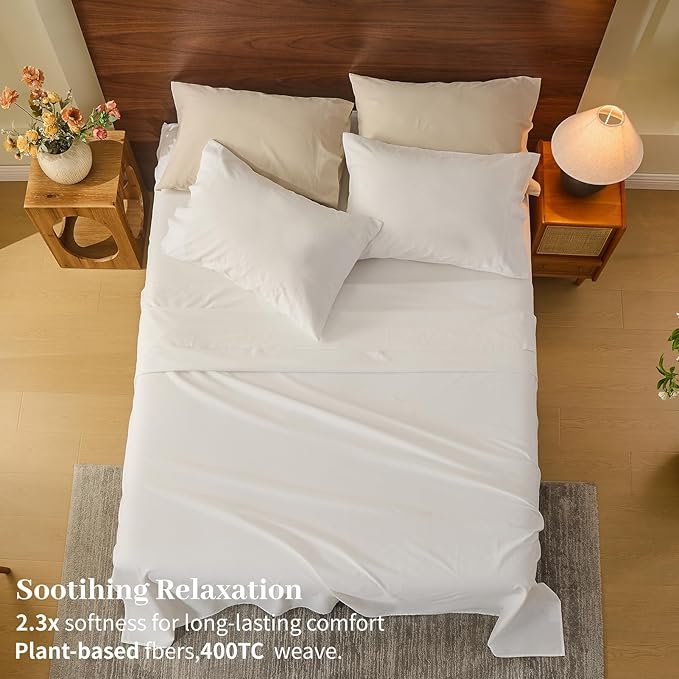 MEISHANG 100% French Pure Linen Sheets King Size - Extra Deep Pocket Sheet Set, Soft Durable Flax Linen, Anti-Tear Breathable & Oeko-Tex Certified 18-24 Deep Pocket,All Season(White)