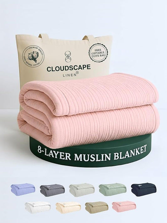 Cloud Scape Linen 8-Layer Muslin Blanket Queen Size - 100% Cotton, Soft and Breathable, Oversized Winter Blanket, Fits up to Full Size Bed, 92x92, Seashell Pink