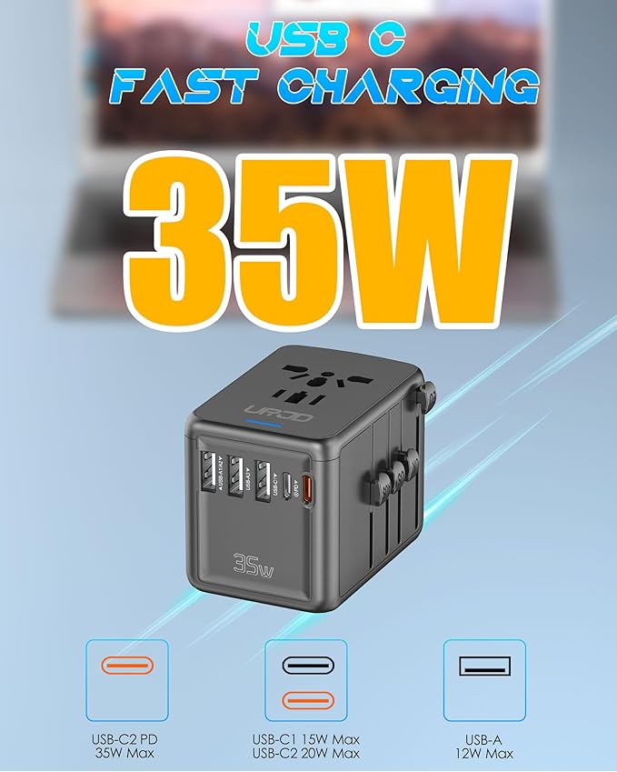 35W PD Universal Travel Adapter, 5 USB A/C Ports and 2500W AC Outlet, Fast Charging International Plug Converter Worldwide Travel Charger Multi Plugs All in One for EU US UK AUS 200+ Countries