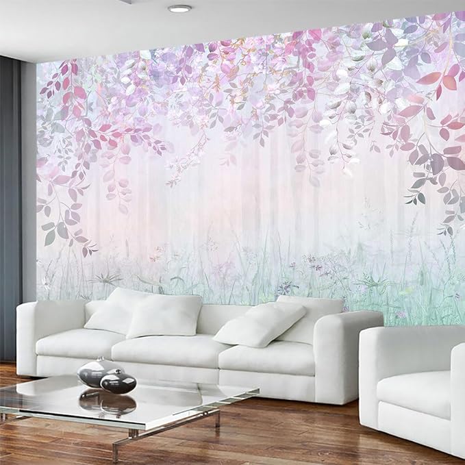 Hazy Pink Leaves and Greenery Wallpaper, Large Art Wall murals for Bedroom, Living Room, Bath Room backdrops(Non-self-Adhesive)