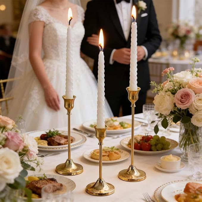 Gold Candlestick Holders 1 Set(3 Pcs)- Brushed Metal Taper Candle Holders with Anti-Slip Base, Vintage Brass Candle Stick Holder for Wedding Centerpieces, Dining Table, Fireplace & Mantel Dec