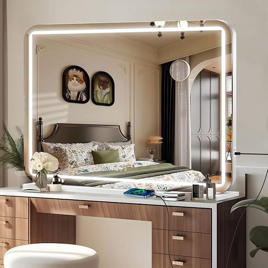 40" x 30" Vanity Mirror with Lights, Led Makeup Mirror, Lighted Makeup Mirror with 3 Color Dimmable Lights, Smart Touch Screen Control, Aluminum Metal Frame,USB Charging Port