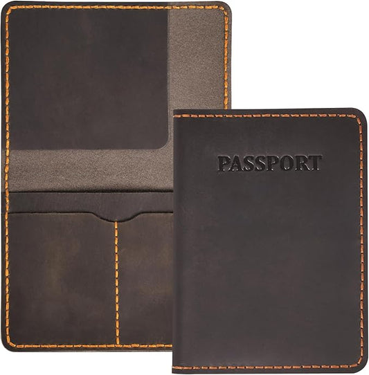 Genuine Leather Passport Holder for Travel,RFID Blocking Passport Cover, Men Passport Wallet, Folding Passport Clip with One Pocket, Two Card Slots, And One Passport Pocket(Coffee Brown)
