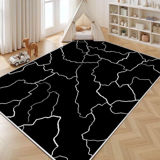 Abstract Rugs for Living Room - Modern Washable Area Rug, 4x6 Abstract Black and White Rug, Minimalist Rugs,Carpet Non Slip Home Decor