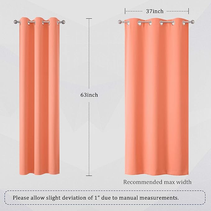 DUALIFE Light Peach Coral Colored Curtains 63 Inches Long 2 Panels Set Thermal Insulated Grommet Room Darkening Curtain Panels for Girls Bedroom 42 W x 63 L Inch Orange Coral