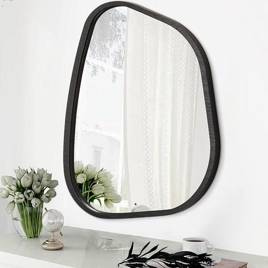 Irregular Bathroom Mirror Modern Oval Wall Mirror Asymmetrical Wooden Framed Wall Mirror Unique Shape Wall Mounted Vanity Artistic Mirror Decor for Living Room Bedroom Entryway Large 26"x18"