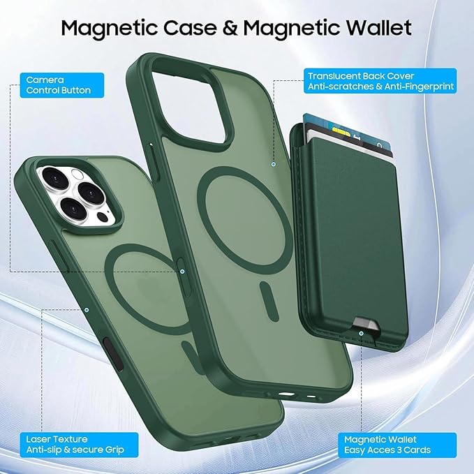Ntwinro Magnetic for iPhone 16 Pro Case (Compatible with MagSafe) with Detachable Wallet & Card Holder for 3 Cards [RFID Blocking] Military Grade Protective Slim Phone Cover, Green