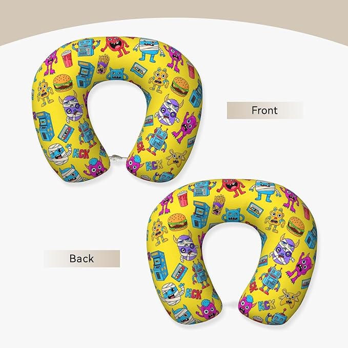 Comfortable Memory Foam Travel Neck Pillow, Funny Chin/Head Cushion Supporting Airplane Car Pillows Trippy Anime Monster Hamburger Drink for Sleeping Outdoors Travel Office