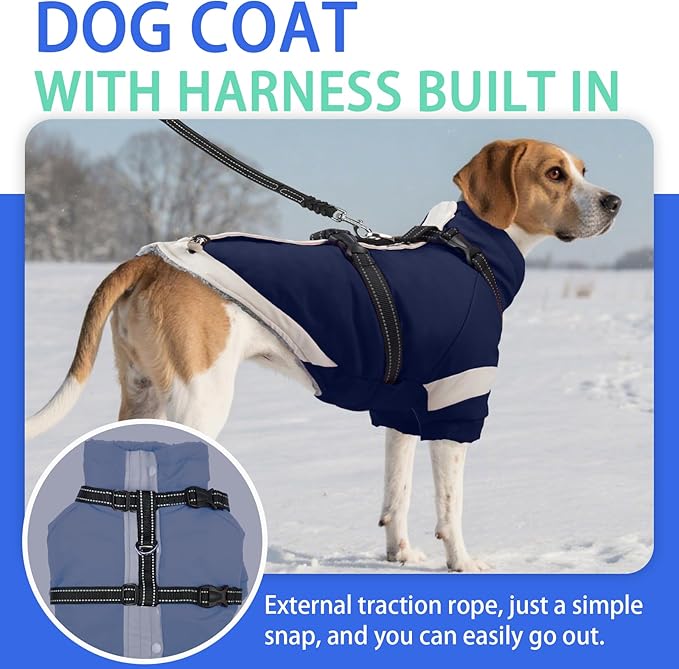 MIGOHI Rainproof Dog Winter Jacket with Harness,XXL Large Fleece Dog Coat with Sleeves,Adjustable Pet Puffer Jacket Snowsuit Cold Weather Coats for Golden Labrador Retriever,XXL,NavyBlue