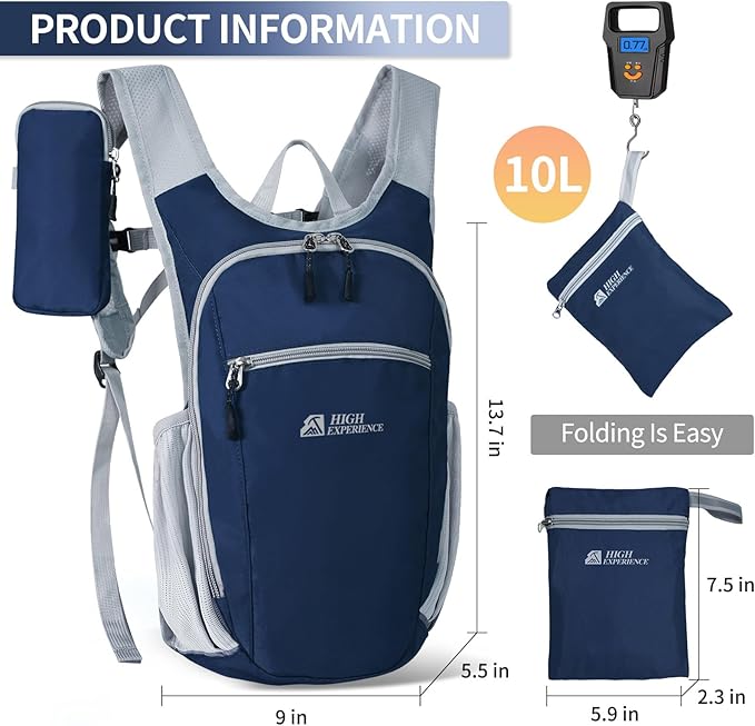 HIGH EXPERIENCE Hiking Backpack 10L/15L Small Daypack Lightweight Packable Travel Foldable Water Resistan for Women Men (Navy Blue, 10L)