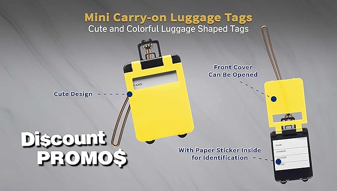 10 Mini Carry-on Luggage Tags Pack - Flip Open Cover, ID Sticker - Yellow