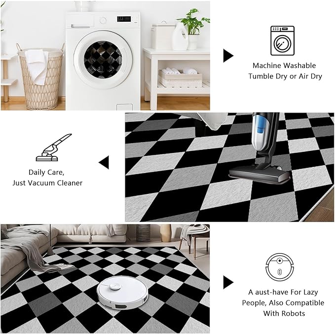 Black and White Rug 6x8, Rhombus Geometric Soft Ultra Soft Faux Wool Low Pile Rug, Indoor Floor Mats Carpet, Non-Slip Stain Resistant Washable Rugs, Modern Abstract Checkered Rugs for Living Room