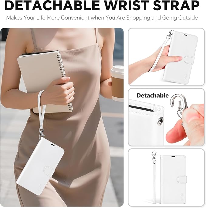 TUCCH 2-in-1 Detachable Wallet Case for iPhone 17 Pro Max (6.9") 2025, Wireless Charging | RFID Blocking 4 Card Holder | Wrist Strap | Kickstand | Magnetic | PU Leather | Protective Flip Cover | White