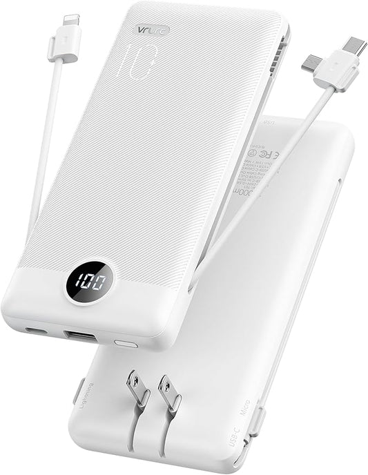 VRURC Portable Charger with Cables and Wall Plug | Power Bank with Cords | 10000mAh Portable Charger with AC Plug | External Battery Pack (Pure White)