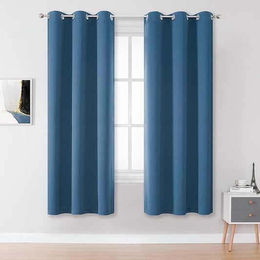 DUALIFE Midnight Blue Curtains 63 Inch Length for Boys Kids Room 2 Panel, Grommet Boho Curtains for Bedroom, Dark Denim Blue, 42 by 63 Inch