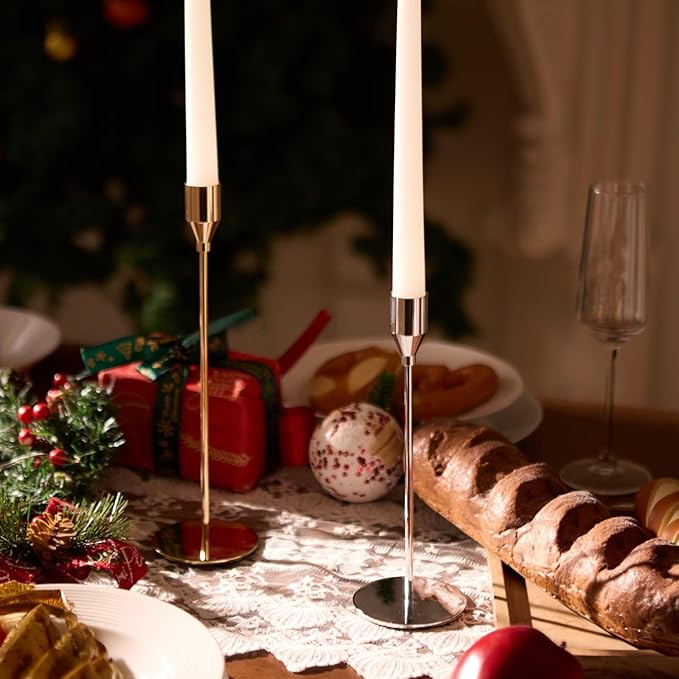 Solid Taper Candle Holders Set of 6, Luxury Silver Long Skinny Candlestick (Heights: 9/11/13 Inch), Heavy Iron Anti-Slip Base for Fireplace Mantle Table Centerpiece Dining Decor