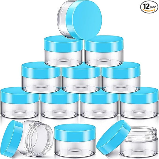 SATINIOR 12 Pack 1 oz Plastic Container Jars with Lids Round Clear Travel Cosmetic Container Slime Jars for Toiletries, Lotion, Cream, Ointments, Makeup, Rhinestone, Samples, Kitchen Storage(Blue)