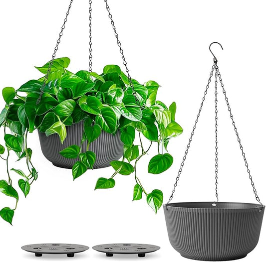 T4U 10 Inch Hanging Planters for Indoor Outdoor Plants, Hanging Plant Pot Pack of 2, Self Watering Hanging Pots with Drainage Hole & Plug & Chain with 3 Hooks for Garden Home Decor, Grey