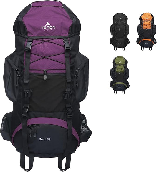 Teton 55L Scout Internal Frame Backpack for Hiking, Camping, Backpacking, Travel, Rain Cover Included, Huckleberry