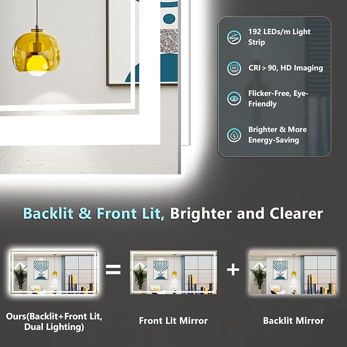 72x40 LED Bathroom Mirror with Lights, Backlit & Front Lit, Anti-Fog Frameless Lighted Vanity Mirrors for Bathroom Wall, Dimmable, 3-Color Light, Memory, Shatter-Proof, Tempered Glass, CRI＞90