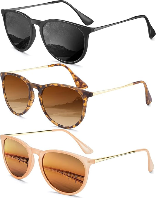 Sunglasses Womens Polarized Sunglasses-Women: Retro Round Sun Glasses with UV400 Protecion Trendy 3 Pack