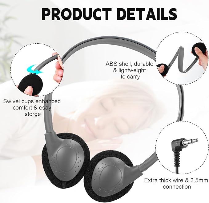 Konohan 10 Pack Headphones Bulk Headphone for School Classroom Student Wired Headphones Adjustable with 3.5 mm Jack for Adults (Grey)