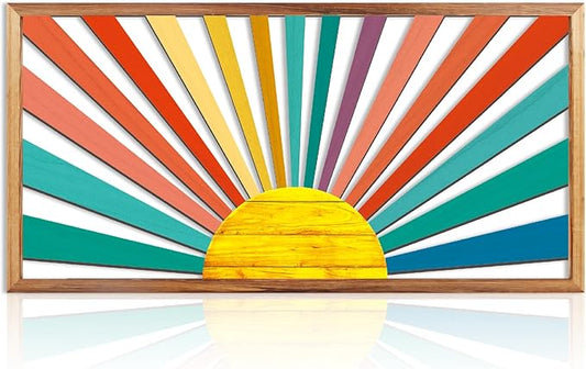 IARTTOP Large Boho Sun Wall Art Framed Wooden Art Wall Decor Colorful Rainbow Geometric Line Sunshine Artwork for Living Room Bedroom Office 16x32 Inch