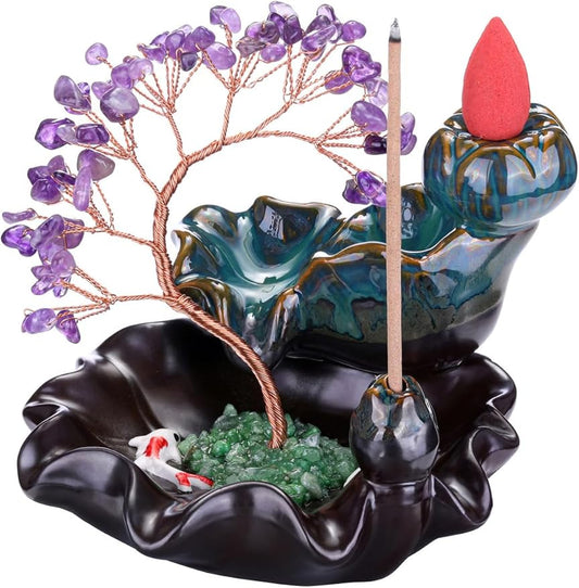 Jovivi Backflow Incense Burner Ceramic Incense Waterfall, Natural Amethyst Healing Crystal Money Tree Incense Holder for Wealth, Good Luck, Yoga Meditation, Home Decor