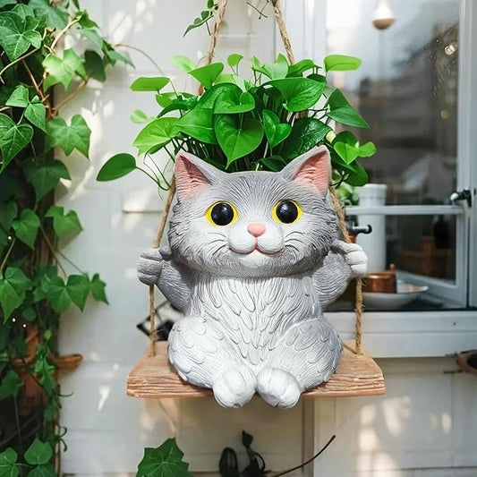 Cat Hanging Planters for Indoor Outdoor Plants, Small Cute Hanging Pots for Succulent, String of Pearls Plant, Resin Hanging Flower Pots with Drainage Hole, Unique Gift, Garden Home Decor