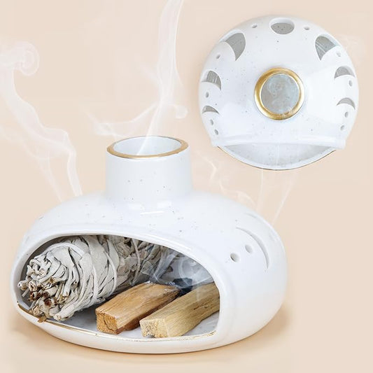 ZenBless 3 in 1 Incense Holder for Palo Santo Sticks Sage Incense, Handcrafted Ceramic Incense Burner Holder Ash Catcher with Chimney, Smudge Bowl for Yoga Meditation Room Home Decor