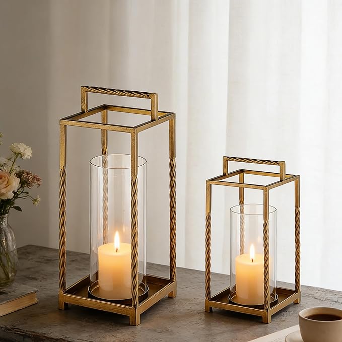 13" Modern Metal Lantern with Twisted Rope-style Frame In Antique Brass with Glass Hurricane For Pillars, String Light. Centerpiece, Mantel, Ambient Lighting, Farmhouse, Transitional, Patios, Entryway