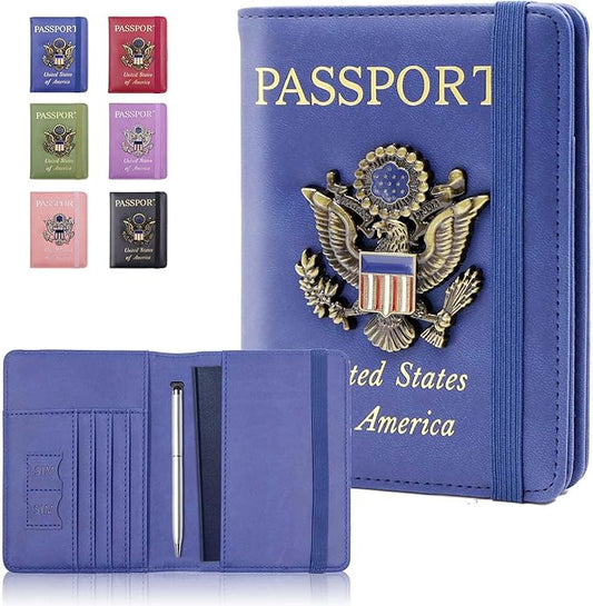 Cnycmy Passport Holder for Travel, Pu Leather Travel Wallet, RFID Blocking, Metal United States Coat of Arms, Waterproof cover for Family (Blue)