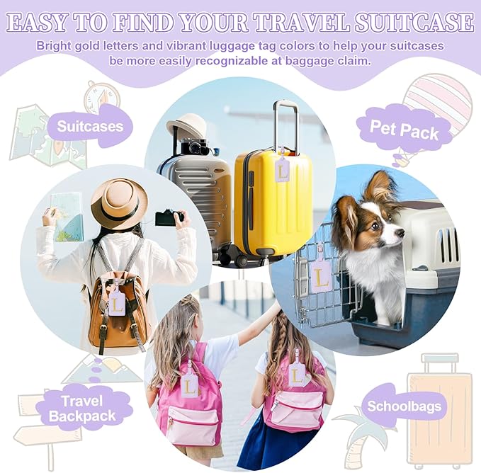 Personalized Initial Luggage Tags for Suitcase, Purple Leather Cute Luggage Tags with Privacy Cover Name Card, Embroidered Custom Monogrammed Luggage Tag Travel Backpack Tags Gifts for Women Kids(L)